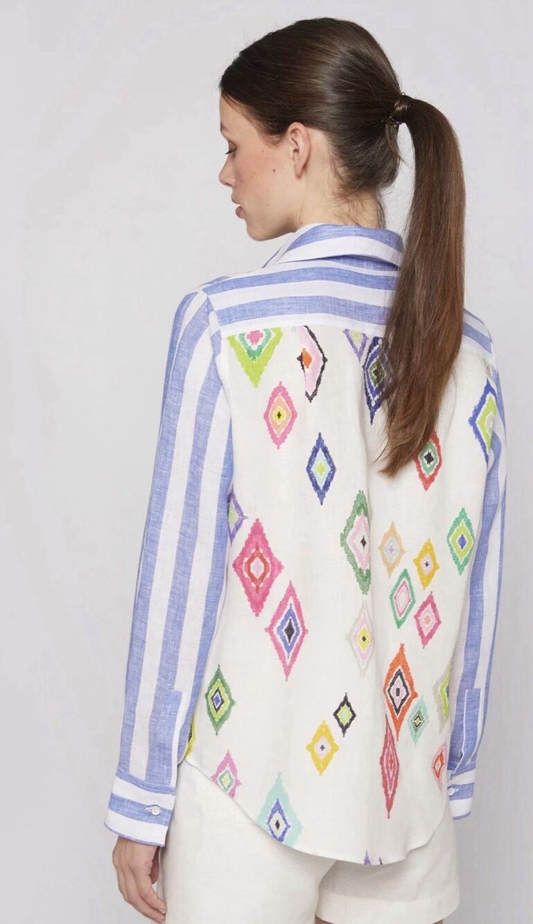 Vilagallo Mafalda 100% Linen Shirt Blue White Stripe Abstract Fun Size 42 US 10